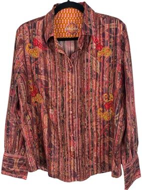 Robert Graham Women's Paisley Embroidered Metallic Striped Button Down Blouse